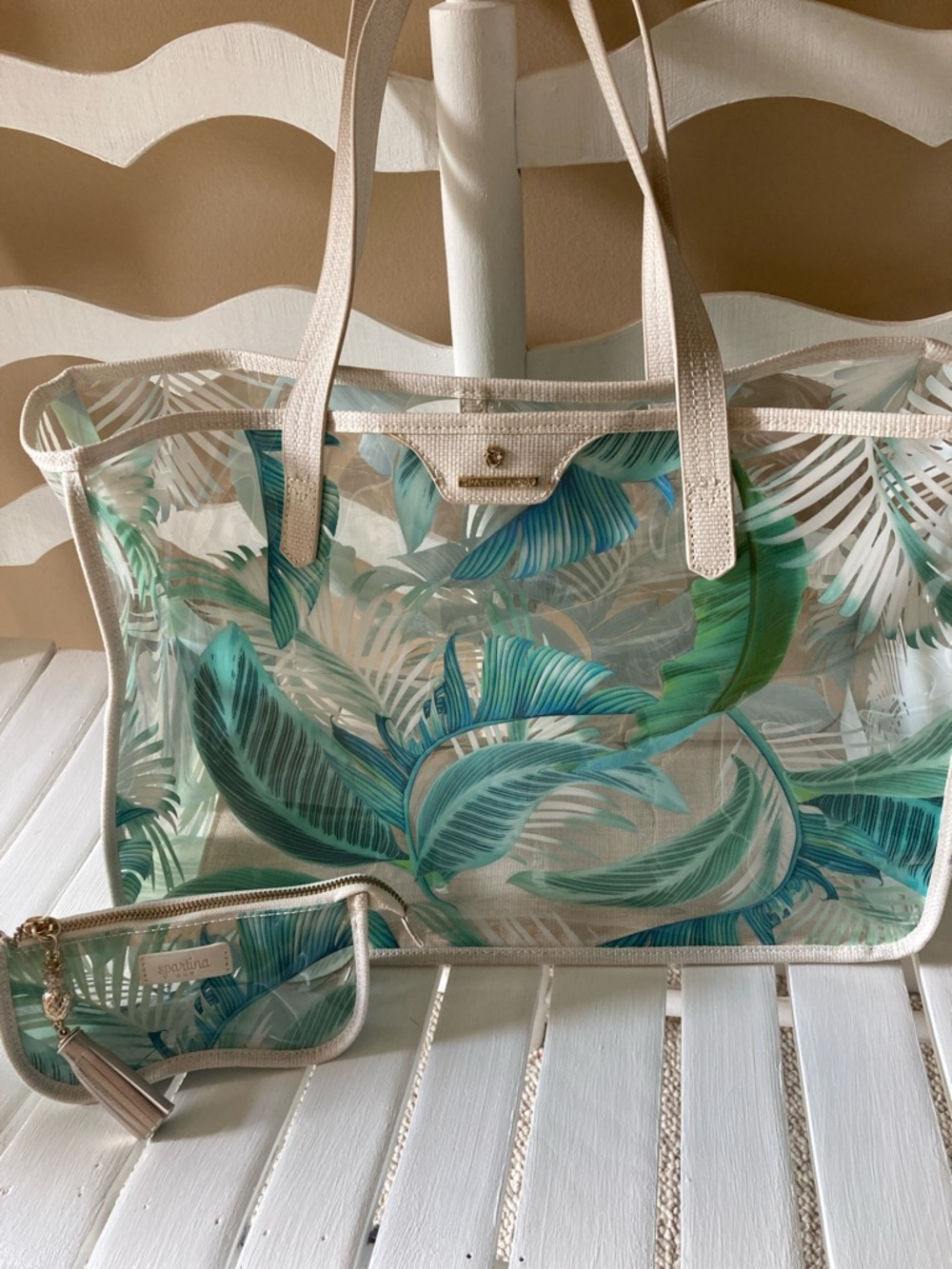 SPARTINA 449 CLEAR BEACH BAG TOTE AND SUNGLASSES CASE CABANA LEAF RARE NWOT